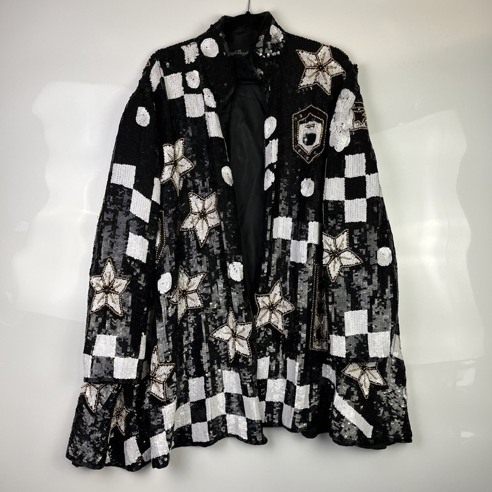 Vintage Razzle Dazzle Beaded Heavy Full Silk Sequin Black & White Jacket‎ Womens